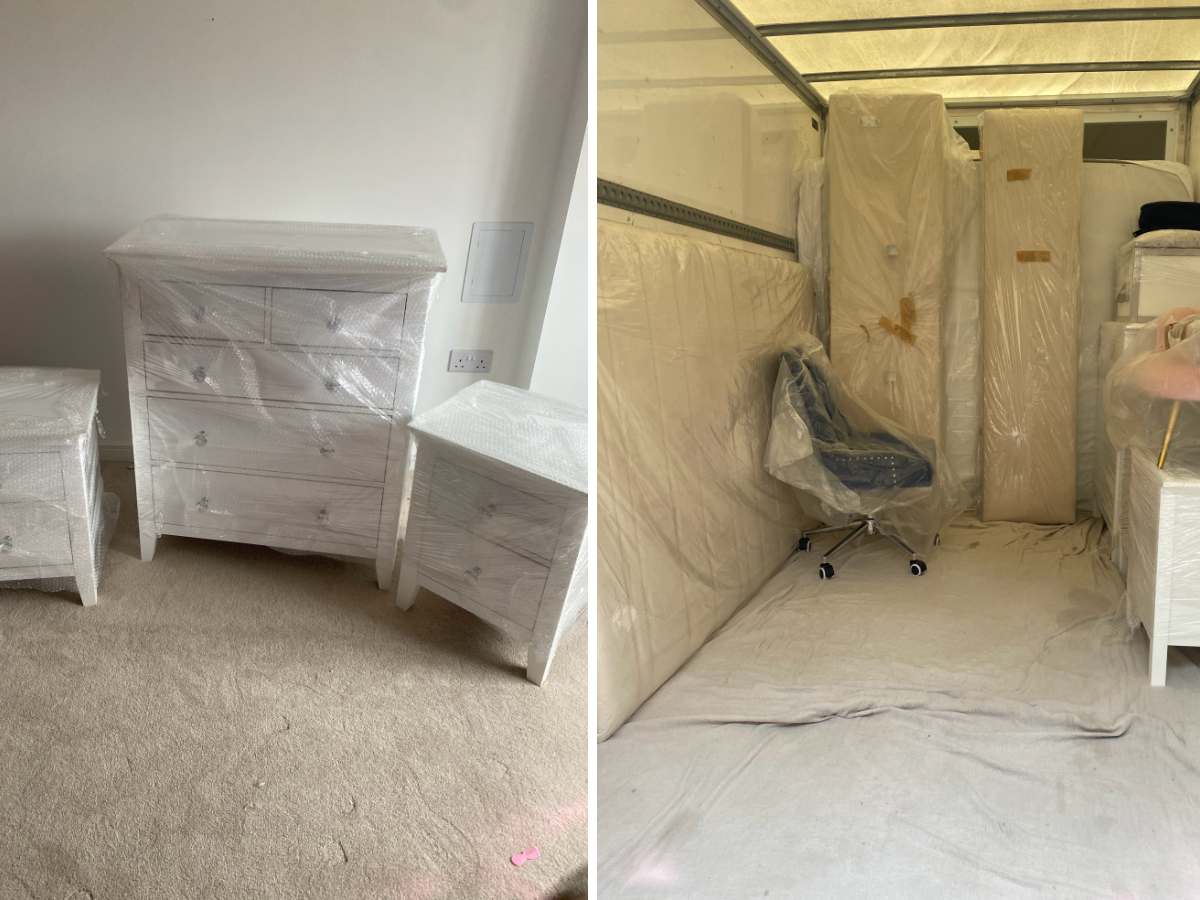 Chest of draws in bubble wrap items in Leon's Removals van Sunderland